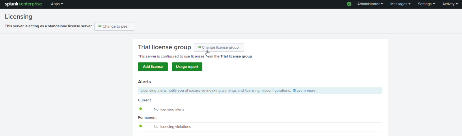 How to Switch to Splunk Free from Splunk Enterprise Step 3: Go to change license group