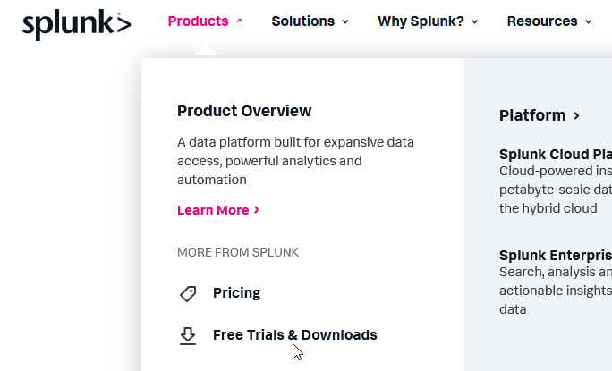 How to Get a Splunk Free License : Step 3 choose free trials and downloads