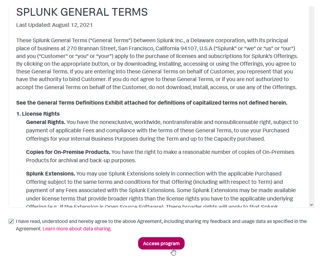 How to Get a Splunk Free License : Step 6 agree to Splunk Terms