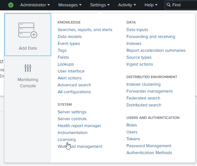 How to Switch to Splunk Free from Splunk Enterprise Step 3: go to licensing