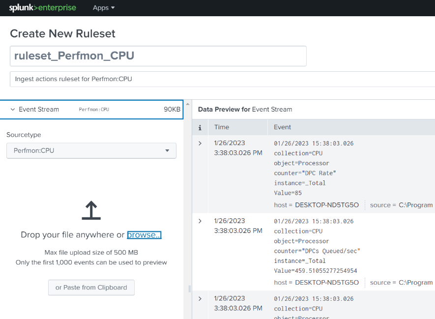 create a new rule set for splunk data ingest