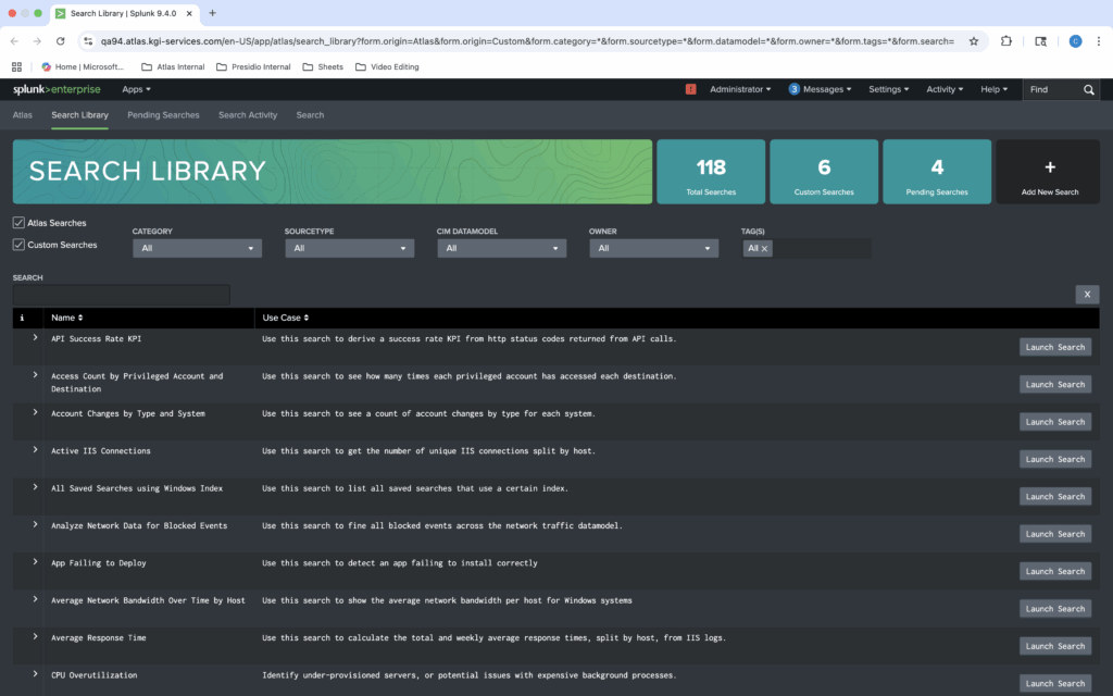 A screenshot of Atlas Search Library for Splunk Cost Control Splunk License Management